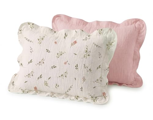 Image of Toddler Pillowcases for 13 inchx18 inch Pillow 2 Pack, Muslin Small Toddler Baby Kids Travel Pillow Covers for Boys Girls with Envelope Closure (Blush Meadow-Ruffled, 13 x 18 Inch)