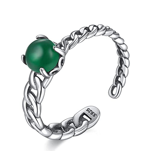 Bague en jadéite et argent S925 style rétro ethnique asymétrique pour femme