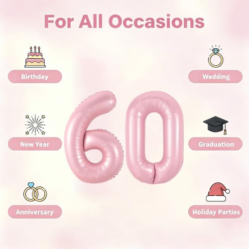 Image of Number Balloons Pink Party Balloon - Giant Number 60 Balloon, 40 Inch Large Balloon, Birthday Decorations for Women, Birthday Balloon for Anniversary Baby Shower Princess Party Decorations