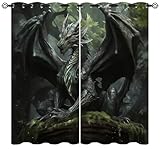 Dragon Blackout Curtains for Girls Boys Kids Teens Home Decor, Western Fantasy Medieval Magic Forest Grommet Thermal Insulated Drapes Darkening Window Curtain for Bedroom Living Room, 42 x 45 Inch