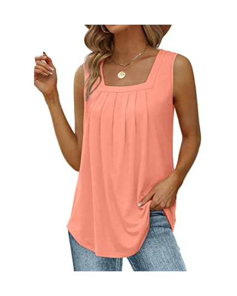 Womens Summer Tops Loose Pleated Tanks 2023 Trendy Clothes Curved Hem Coral L