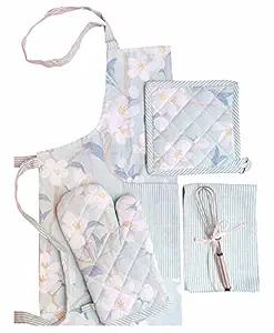 PIXEL HOME DECOR Printed Apron With Oven Mitt and Pot Holder with Kitchen Towel - Cherry Blossom Collection (Teal Blossom)