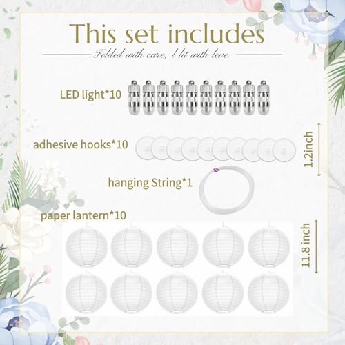 Image of White Chinese Paper Lanterns with LED Lights, 10-Pack 12inch | Hanging Lights for Wedding & Winter Wonderland, Birthday Decorations, Ceiling Decor, Home Party & Baby Shower