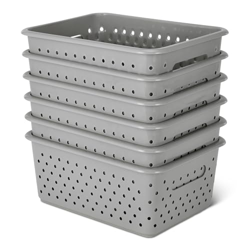 Amazon Basics Paniers de Rangement Décoratifs en Plastique sans BPA, 25,4cm x 19,1cm x 10,2cm, Gris, Lot de 6