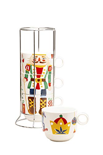 Grace Teaware Stackable Coffee Tea Mug 10-Ounce Set of 4 With Metal Stand (Holiday Nutcracker)