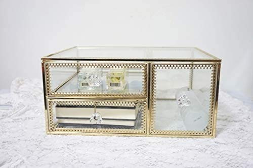 ZHLFDC Woman Desktop Storage Box, Double Drawer Box, Copper and Glass Material Design, Dust Cover, Large-Capacity Retro Transparent Box, Jewelry, Cosmetic Storage Box