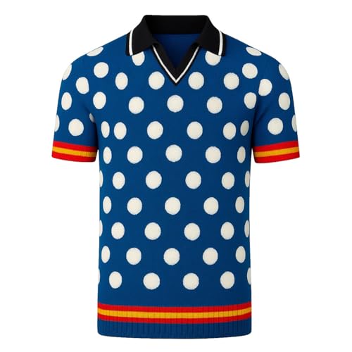 Men's Knit Polo Shirts, 1960s Mod Style Retro WhitePolka Dots Short Sleeves Casual V-Neck Blue Short Shirts