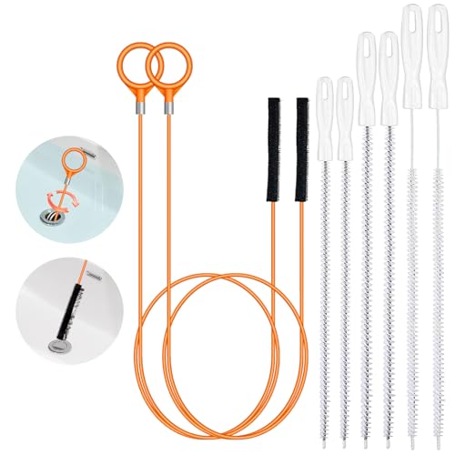 8 Pack Drain Snake Hair Drain Clog Remover, 32' Sink Snake (2pcs), 18/24/28 Inch Shower Drain Cleaner (6pcs), Drain Cleaning Brush for Toilet, Shower, Bathroom Tub, Kitchen Sink, Sewer