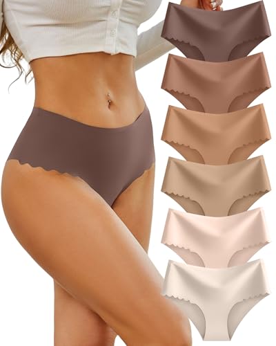 Image of Sth Big High Waisted Seamless Underwear for Women No Show Panties Cheeky Scalloped Edge Bikini Breathable Briefs 6 Pack