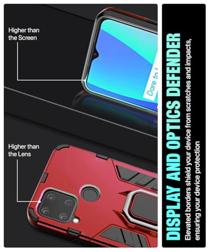 Image of WOW IMAGINE Shock Proof Back Case Mobile Cover for Realme C15 | Back Cover Case (Tough Armor | Hybrid PC + TPU | Ring Holder & in-Built Kickstand | Red)