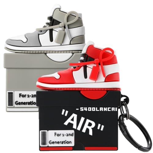 Image of [2Pack] Gedicht for Apple Airpods 2nd Generation Case Cover, Cute Cartoon Shoe Box Soft Silicone Protective Cases for AirPods 1&2 Case with Keychain for Women Men, Red+Light Gray