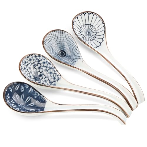 La Mejor Selección de Cucharas chinas - los más vendidos. 46 WHJY - Cuchara de sopa asiática, cuchara de ramen de cerámica, cuchara de sopa de ramen, cucharas de cerámica china, cucharas de sopa de miso, juego de 4 unidades, azul y blanco