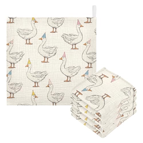 Image of vvfelixl Goose with Birthday Hat Baby Burp Cloths Baby Muslin Washcloths for Boys Girls Cotton Babys Face Towel for Newborn Infants Soft and Absorbent 11.8 X 11.8 in, 5 Pack