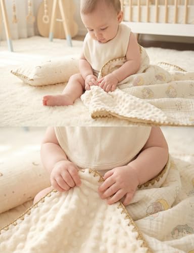 Image of Baby Blanket 40x40 Inches,Muslin Cotton and Minky Dotted Double Layer Soft Receiving Blanket for Newborn Toddler,Lunar Elephant