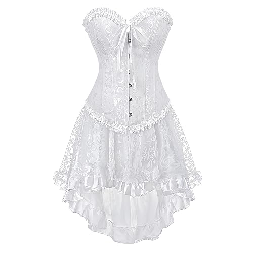 Grebrafan Burlesque Corsage mit Tüll Rock Taillen Korsett Damen Kostüm (EUR(32-34) S, Weiß)