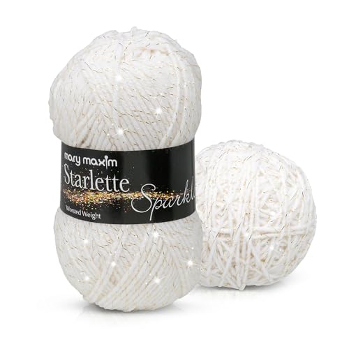 Mary Maxim Starlette Sparkle Yarn, 4 Medium Worsted Weight Yarn for Knitting and Crocheting, Acrylic Polyester Blend for Blankets, Clothing, and Decor, 196 Yards White Gold
