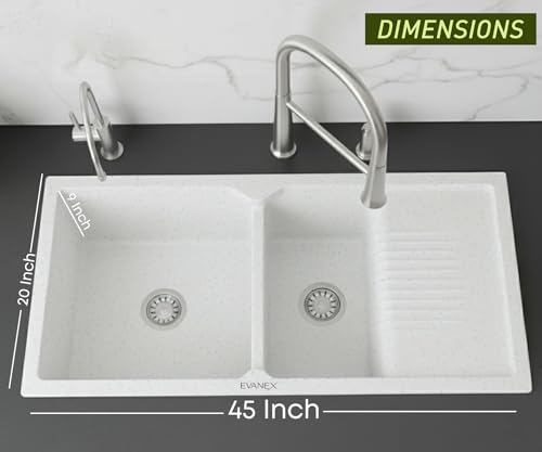 Image of EVANEX Quartz Sink for Kitchen|45x20x9 inch Double Bowl Kitchen Sink with Drain Board|Matt Finish|Sand Pluto Quartz Kitchen Sink with Sink Connector, Waste Pipe, Coupling and Drain Basket