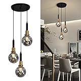 KELUOLY Vintage 3-Light Pendant Light, Modern Adjustable Hanging Light Fixture with Smoke Grey Glass Shade, E26 Base, Farmhouse Pendant Lamp for Kitchen Dining Room, Black and Gold
