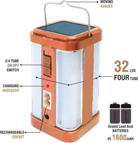Image of 4 Tube 360 Extra Bright Emergency Light | Electric & Solar Rechargeable Lantern | 7 Hours Backup