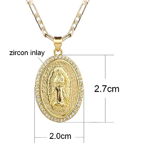 14K Gold Plated Guadalupe Virgin Mary Oval Pendant Necklace for Women Men Zircon Inlay Virgin Mary 3mm Flat Figaro Chain Necklace2
