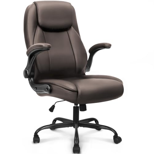 NEO CHAIR Office Desk Chair, High Back PU Leather with Flip-up Arms, Brown