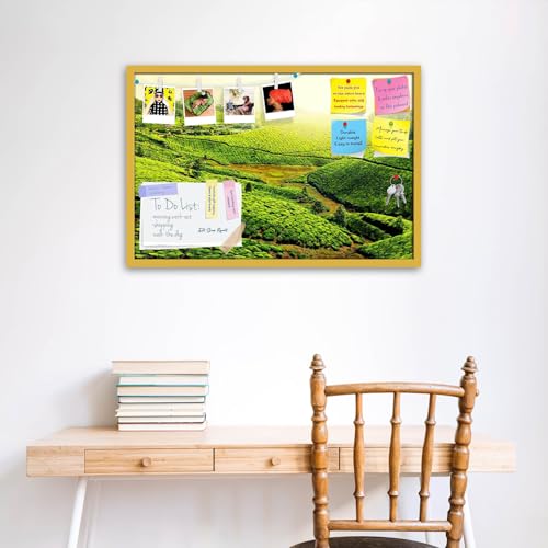 Image of ArtzFolio Tea Plantations, Munnar, Kerala | Bulletin Board Notice Pin Board | Vision Soft Board Combo with Thumb Push Pins & Sticky Notes | Golden Frame | 30 x 20 inch (76 x 51 cms)
