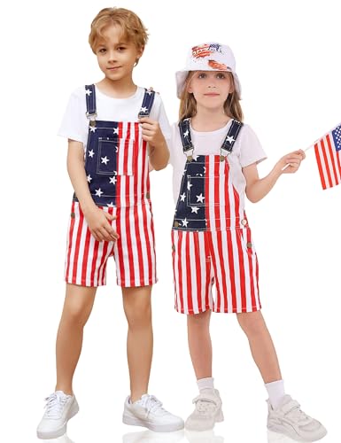 Image of OeyFnbmO Kids 4th of July Outfit Boy American Flag Overall Girl Stretch Denim Jumpsuit USA Shorts with Zipper Fly