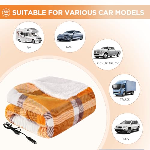 Image of Westinghouse Heated Car Blanket, 12-Volt Electric Blanket for Car, Truck, SUV, RV, Portable Heated Throw for Camping, Orange Buffalo Plaid, 59 inch x 43 inch