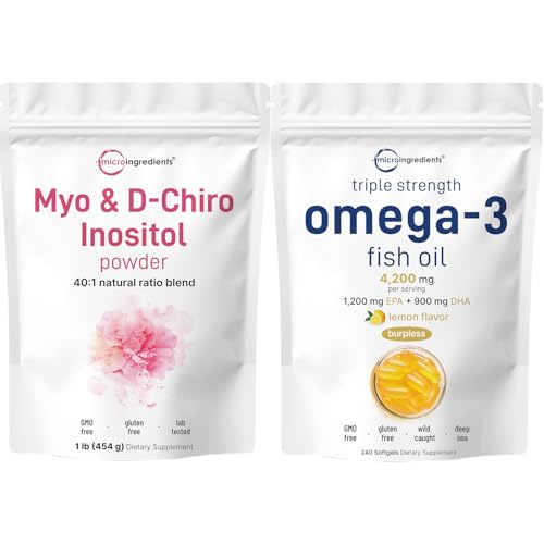 Micro Ingredients Omega-3 Fish Oil 4,200 mg Softgels & Myo & D-Chiro Inositol Powder Bundle 2 Pack | Wild-Caught Fish, Lemon Flavored, Burpless | Inositol Supplement for Women