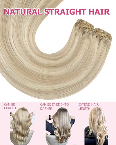 Image of YoungSee Blonde Clip Hair Extensions Highlight Dirty Blonde Mix Bleach Blond Human Hair Extensions Clip ins Short Straight Human Hair Clip in Extensions 12In 7Pcs 85G