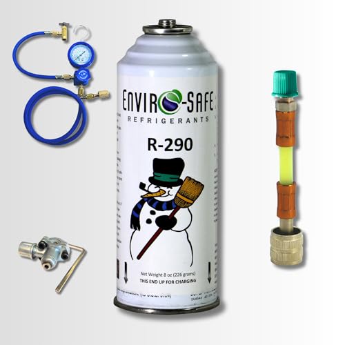 ENVIRO-SAFE R290 Refrigerant in an 8oz. Piercing Style Container for Recharge Includes Gauge Set Bullet Piercing Valve and R290 Can - DIY KIT (Recharge and Seal Kit)