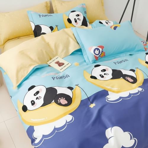 Image of Filymore Kids Double Bedsheet Set with 2 Pillow Covers - Cloud Panda Theme, 240 TC Soft Microfiber Bed Sheet for Double Bed (90x90 Inches), Breathable & Skin-Friendly Kids Bedding, Sky Blue & Purple