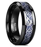 King Will Dragon Mens 8mm Black Tungsten Carbide Ring Blue Carbon Fiber Celtic Dragon Wedding Band 12.5