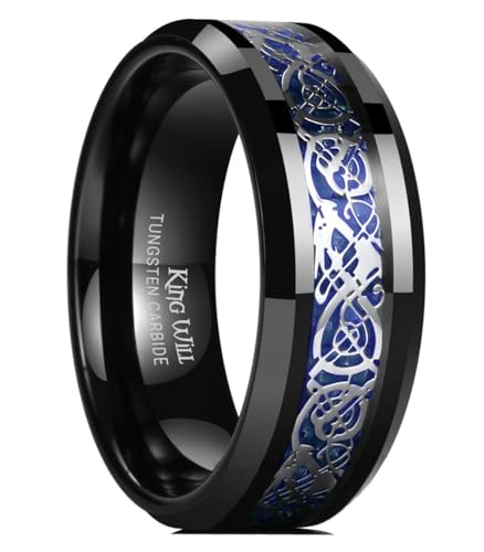 King Will Dragon Mens 8mm Black Tungsten Carbide Ring Blue Carbon Fiber Celtic Dragon Wedding Band 12.5