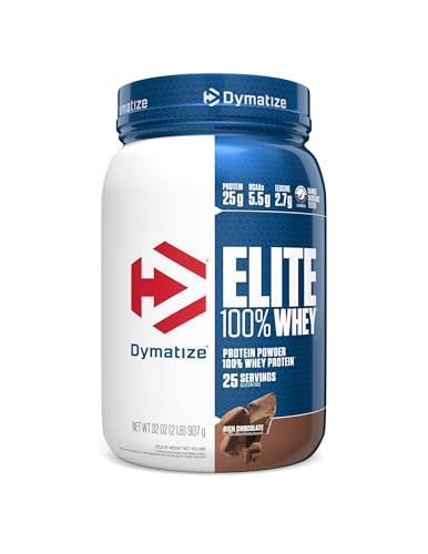 Image of Dymatize Elite 100% Whey Protein Powder, Chocolate, 25g of Protein, 5.5g BCAAs, Less Than 140 Cal., Gluten Free, 3g Carb, 2g Sugar, 3g Fat (25 Servings)