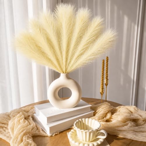 Image of CURATED CART Faux Pampas Grass, 12 Pcs Small Artificial Flowers for Home Decoration, Office, Bedroom, Living Room, Table Decor and Craft Corner Styling, 41 cm Height, (Without Vase) (Biege)