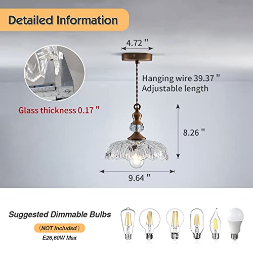 Image of CVKASH Vintage Glass Pendant Light Fixture Brass Modern Adjustable Chandelier Farmhouse Hanging Light for Hallway Porch Kitchen Bedroom Coffee Shop Dining Room Island