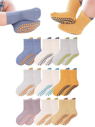 Baby Non-Skid Socks Toddler Non Slip Crew Socks with Grips Anti-Slip Socks for Infants Girls Boys 9 Packs