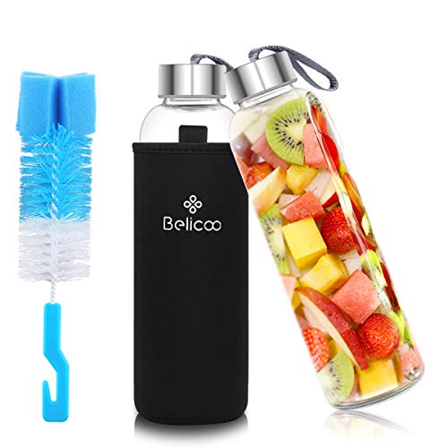 BELICOO Bouteille en Verre Convient pour Le Sport, la randonnée, l'école, Le Bureau, la poignée extérieure en néoprène Anti-brûlure et Fond épais, PVC, écologique Cover