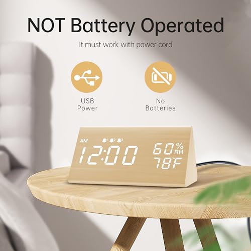 Image of JALL Digital Alarm Clock, with Wooden Electronic LED Time Display, 3 Alarm Settings, Humidity & Temperature Detect, Wood Made Electric Clocks for Bedroom, Bedside (Yellow)
