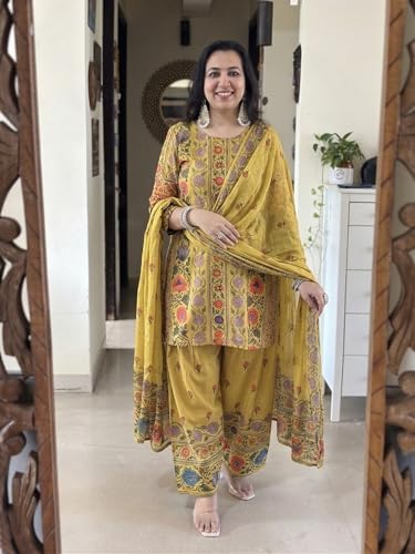 Image of ANNI Designer Kurta Sets for Women Viscose Printed | Kurti Set for Woman | Straight Kurta Narrow Farshi Salwar Dupatta Set | 3 Piece Set Women | Round-Neck 3 /4 Sleeve Regular Stylish Ethnic Outfit