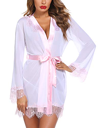 Avidlove Women's Lace Kimono Robe Babydoll Lingerie Mesh Nightgown Lingerie Cover Up G-String White
