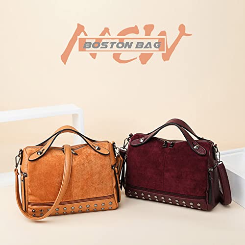Women's Retro Suede PU Leather Handbag - Shoulder Shopper Work Boston Bag With Rivets - Ladies Crossbody3