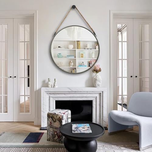 POZINO Espejo redondo grande de cuerda, espejo circular de 30 pulgadas, espejo colgante para baño, dormitorio, sala de estar, entrada, decoración del hogar, color gris