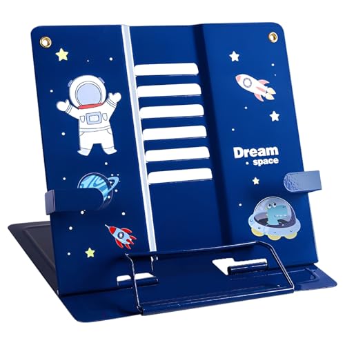 Mecmbj atril para libros, atril estudio, soporte libros de metal con ángulo ajustable, soporte de lectura plegables para niños, soporte de libro infantil para la escuela y el hogar (Astronauta)