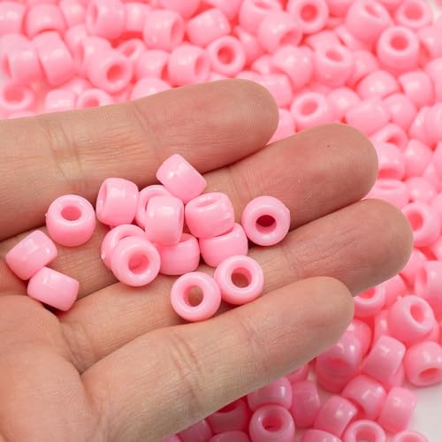Image of 1000 Pcs Acrylic Pink DIY Pony Beads 6x9mm Bulk for Friendship Bracelet Necklace Jewelry Making Earring Pens Hair Beads Braiding Kit
