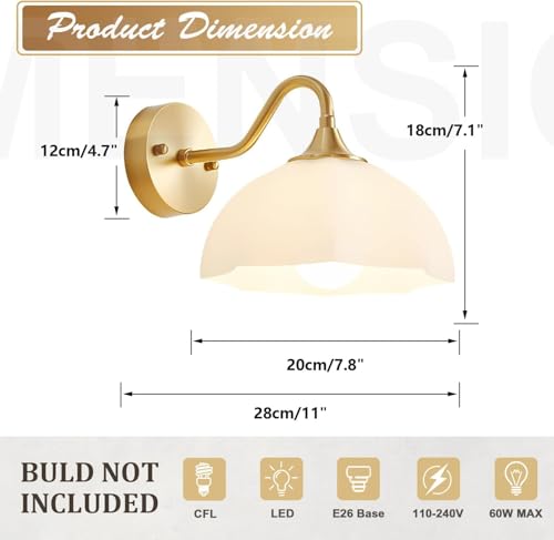 Image of Gold Wall Sconce Set of 2 Mid Century Modern Wall Mount Light Hardwired Sconces Wall Lighting with Milky White Glass Shade Indoor Bedside Sconces Wall Lamp for Living Room Hallway MWL02-2A