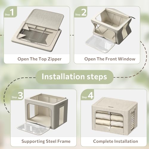 3 Pack Clothes Storage Bins Foldable Metal Frame Storage Box Stackable Linen Fabric Organizer Set with Carrying Handles and Clear Window (Beige, 15.7x11.8x7.8inch(22L)) - Image 6