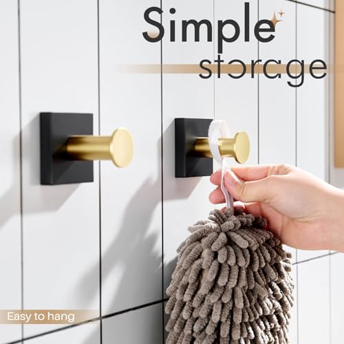 Image of KOKOSIRI Robe Hooks Bath Towel Hooks for Wall Closet Kitchen Hanging Towels Bathroom Hardware Black with Gold Stainless Steel 2 Pack, B1016GDK-P2