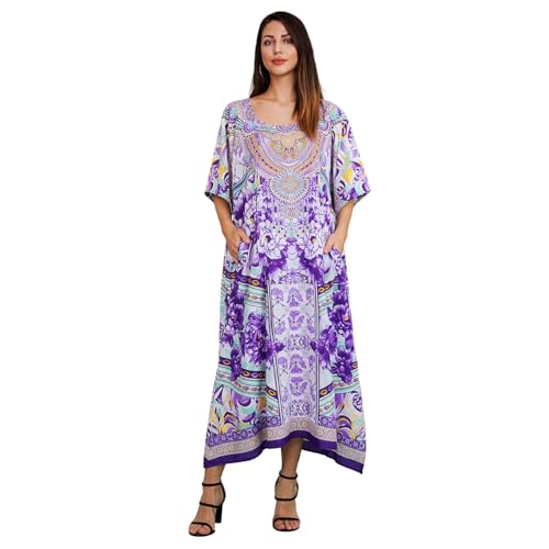 Image of Miss Lavish London Swimwear Cover ups Kaftan Dresses for Women Ethnic Print V Neck, Beach Coverups Plus Size, Side Slit & Pockets on Both Sides, Womens Beach Resort Wear-Purple-XL
